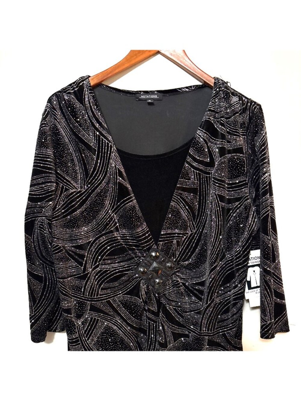 NET Notations XL Black Velvet 3/4 sleeve empress top with built in tank silver - Picture 2 of 8